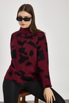 Kadın Kazak-Şardonlu Dik Yaka Leopar Kazak 24371 Bordo-Siyah -rulem