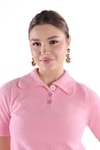 Kadın Kazak-Yaka Düğme Detay Kısa Kol Kazak 24154 Pembe -rulem