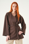 Kadın Kimono-Kuşaklı Geniş Kol Kimono 3068A Kahve -rulem