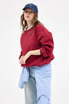 Kadın Pamuklu İçi Polarlı Oversize Yuvarlak Yakalı Bordo Sweatshirt 9152M