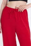 Kadın Pantolon-Kırmızı Beli Lastikli Bol Paça Dokuma Pantolon 4284-1-rulem