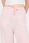 Kadın Pantolon-Pembe Beli Lastikli Çizgili Geniş Paça Dokuma Pantolon 4098-rulem