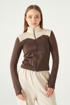 Kadın Sweatshirt-Kahve Ön Şeritli Fermuarlı Sweat 8325A-rulem