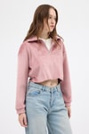 Kadın Sweatshirt-Pembe Kadın Peluş Yarım Fermuarlı Crop Sweatshirt 3056A-rulem