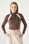 Kadın Sweatshirt-Şeritli Fermuarlı Sweat 8326A Kahve -rulem