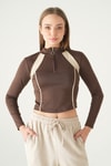Kadın Sweatshirt-Şeritli Fermuarlı Sweat 8326A Kahve -rulem