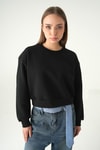 Kadın Sweatshirt-Siyah Kadın Crop Bisiklet Yaka Sweatshirt 9210M-rulem