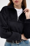 Kadın Sweatshirt-Siyah Kadın Peluş Yarım Fermuarlı Crop Sweatshirt 3056A-rulem