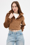 Kadın Sweatshirt-Taba Kadın Peluş Yarım Fermuarlı Crop Sweatshirt 3056A-rulem