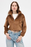 Kadın Sweatshirt-Taba Kadın Peluş Yarım Fermuarlı Crop Sweatshirt 3056A-rulem