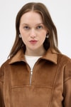 Kadın Sweatshirt-Taba Kadın Peluş Yarım Fermuarlı Crop Sweatshirt 3056A-rulem