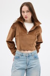 Kadın Sweatshirt-Taba Kadın Peluş Yarım Fermuarlı Crop Sweatshirt 3056A-rulem