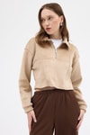 Kadın Sweatshirt-Vizon Kadın Peluş Yarım Fermuarlı Crop Sweatshirt 3056A-rulem