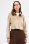 Kadın Sweatshirt-Vizon Kadın Peluş Yarım Fermuarlı Crop Sweatshirt 3056A-rulem
