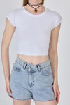 Kadın Tişört-Beyaz Bisiklet Yaka Pamuklu Slim Fit Crop Tişört 9199M-rulem