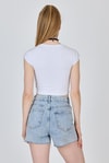 Kadın Tişört-Beyaz Bisiklet Yaka Pamuklu Slim Fit Crop Tişört 9199M-rulem