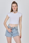 Kadın Tişört-Beyaz Bisiklet Yaka Pamuklu Slim Fit Crop Tişört 9199M-rulem