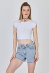 Kadın Tişört-Beyaz Bisiklet Yaka Pamuklu Slim Fit Crop Tişört 9199M-rulem