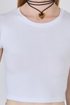 Kadın Tişört-Beyaz Bisiklet Yaka Pamuklu Slim Fit Crop Tişört 9199M-rulem