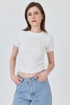 Kadın Tişört-Beyaz İnci Kurdele İşlemeli Crop Slim Fit Tişört 2229-rulem