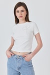 Kadın Tişört-Beyaz İnci Kurdele İşlemeli Crop Slim Fit Tişört 2229-rulem