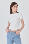 Kadın Tişört-Beyaz İnci Kurdele İşlemeli Crop Slim Fit Tişört 2229-rulem