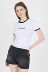 Kadın Tişört-Beyaz Yazı Baskılı Biyeli Pamuklu Slim Fit Tişört 9192M-rulem