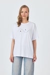 Kadın Tişört-Beyaz Yazı Baskılı Oversize Pamuklu Tişört 2150-32M-rulem