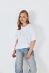 Kadın Tişört-Beyaz Yazı Baskılı Oversize Pamuklu Tişört 2150-32M-rulem