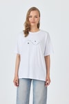 Kadın Tişört-Beyaz Yazı Baskılı Oversize Pamuklu Tişört 2150-32M-rulem