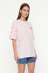 Kadın Tişört-Bisiklet Yaka Kısa Kol Yazı Baskılı Oversize Tişört 8480 Pembe -rulem