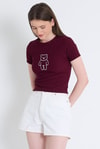 Kadın Tişört-Bordo Ayıcık İşlemeli Slim Fit Crop Tişört 2217-rulem