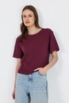 Kadın Tişört-Bordo Bisiklet Yaka %100 Pamuk Relaxed Fit Tişört 2142M-rulem