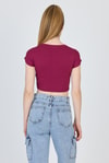 Kadın Tişört-Bordo Bisiklet Yaka Pamuklu Slim Fit Crop Tişört 9199M-rulem