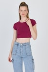 Kadın Tişört-Bordo Bisiklet Yaka Pamuklu Slim Fit Crop Tişört 9199M-rulem