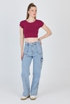 Kadın Tişört-Bordo Bisiklet Yaka Pamuklu Slim Fit Crop Tişört 9199M-rulem