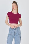 Kadın Tişört-Bordo Bisiklet Yaka Pamuklu Slim Fit Crop Tişört 9199M-rulem