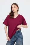Kadın Tişört-Bordo V Yaka %100 Pamuk Comfort Fit Tişört 2143M-rulem