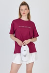 Kadın Tişört-Bordo Yazı Baskılı %100 Pamuk Oversize Tişört 2150-5M-rulem