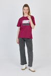 Kadın Tişört-Bordo Yazı Baskılı %100 Pamuk Oversize Tişört 2150-7M-rulem