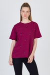 Kadın Tişört-Bordo Yazı Baskılı %100 Pamuk Oversize Tişört 2150-18M-rulem