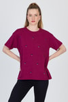 Kadın Tişört-Bordo Yazı Baskılı %100 Pamuk Oversize Tişört 2150-18M-rulem