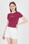 Kadın Tişört-Bordo Yazı Baskılı Biyeli Pamuklu Slim Fit Tişört 9192M-rulem