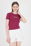 Kadın Tişört-Bordo Yazı Baskılı Biyeli Pamuklu Slim Fit Tişört 9192M-rulem