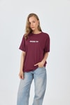 Kadın Tişört-Bordo Yazı Baskılı Pamuklu Oversize Tişört 2150-6M-rulem