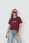 Kadın Tişört-Bordo Yazı Baskılı Pamuklu Oversize Tişört 2150-6M-rulem