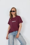 Kadın Tişört-Bordo Yazı Baskılı Pamuklu Oversize Tişört 2150-6M-rulem