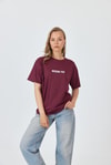 Kadın Tişört-Bordo Yazı Baskılı Pamuklu Oversize Tişört 2150-6M-rulem