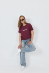 Kadın Tişört-Bordo Yazı Baskılı Pamuklu Oversize Tişört 2150-6M-rulem