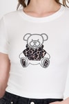 Kadın Tişört-Ekru Ayıcık Baskılı Leopar Detaylı Slim Fit Crop Tişört 0549-rulem